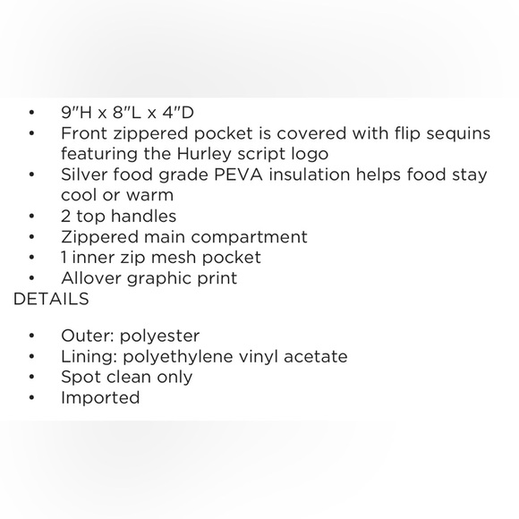 🆕Hurley Sequins Lunch Bag Box Hot Cold Insulated Flip 9”H 8”L x 4”D Pink Floral - Picture 8 of 8
